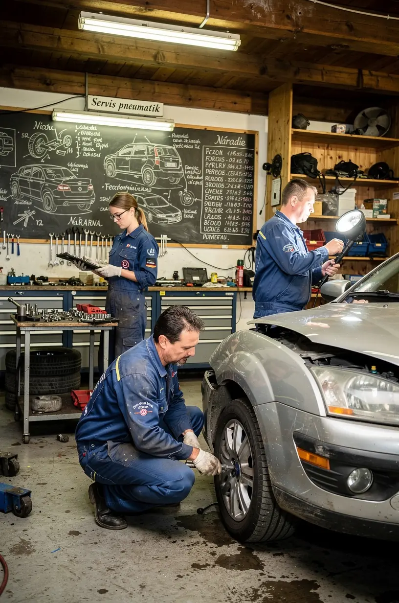 Diagnostické zariadenie počas kontroly elektronických systémov staršieho vozidla v servise.